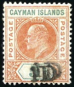 Stamp of Cayman Islands 1907 Georgetown Provisional 1d on 5s Salmon & Gree