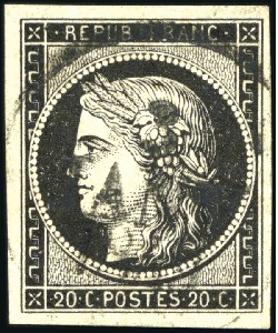 Stamp of France 1849 20c noir obl. dateur A du 3 janvier 1849, sup