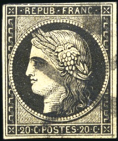 Stamp of France 1849 20c noir obl. Croix de St André, TB, rare, si