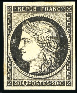 Stamp of France 1849 20c noir avec variété "tâche sur le premier C