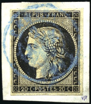 Stamp of France 1849 20c noir obl. T15 en BLEU de Paris  du 2 janv