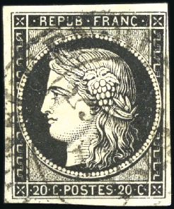 Stamp of France 1849 20c noir obl. grand càd T13 Chateauneuf en Br
