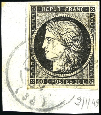 Stamp of France 1849 20c noir obl. T15 de St Malo 2 janvier 1849 s