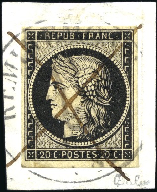Stamp of France 1849 20c noir obl. grand càd T13 de Remiremont (Vo