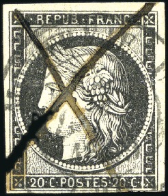 Stamp of France 1849 20c noir avec variété "filet cassé" sur 8mm à