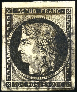 1849 20c noir obl. moyen càd T14 du 4 janvier 1849