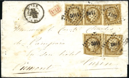 Stamp of France 1849 10c bistre x5 obl. PC1102 sur lettre de Dijon