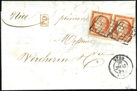 Stamp of France 1849 40c Cérès en paire (au filet en bas à gauche)