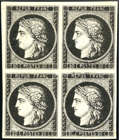 Stamp of France 1849 20c noir, mise en train en bloc de 4, neuf sa