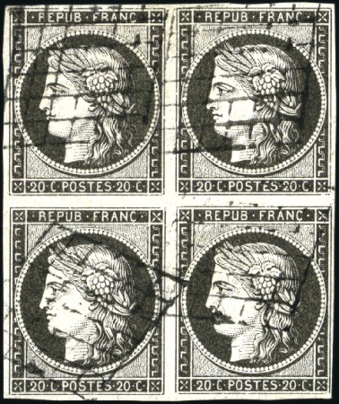 Stamp of France 1849 20c noir en bloc de 4 proprement oblitéré par
