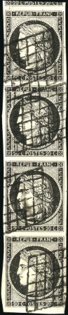 Stamp of France 1849 20c noir en bande verticale de 4 avec voisin 