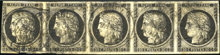 Stamp of France 1849 20c noir en rare bande de 5 obl. càd T15 Toul