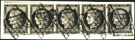 Stamp of France 1849 20c noir en rare bande de 5 obl. grille sur p