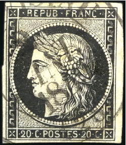 1849 20c noir obl. grand càd T13 de Landivisiau 2 