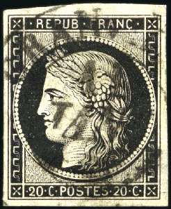Stamp of France 1849 20c noir obl. grand càd T13 de Granville 11 j