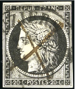Stamp of France 1849 20c noir obl. grand càd T13 de Béziers 4 janv
