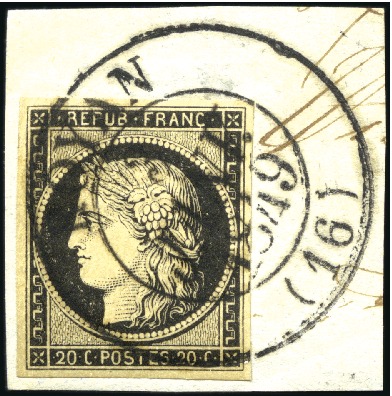 Stamp of France 1849 20c noir obl. grand càd T13 de Royan 3 janvie