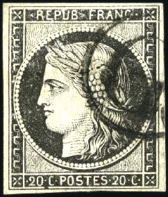Stamp of France 1849 20c noir obl. lettre G dans un cercle (Bureau