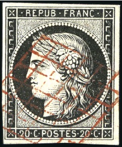 Stamp of France 1849 20c noir obl. grille rouge, TB, rare, signé C