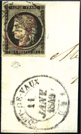 Stamp of France 1849 20c noir obl. moyen càd T14 de Pont de Vaux (