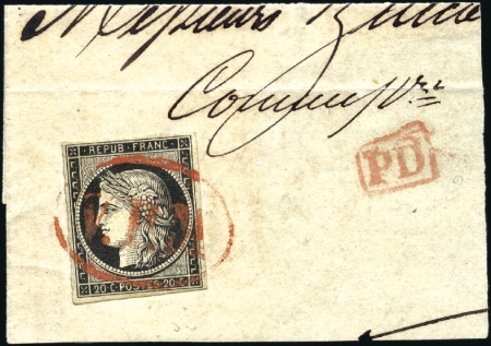 Stamp of France 1849 20c noir obl. ovale rouge "VPM" (Via particol