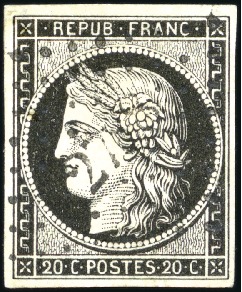Stamp of France 1849 20c noir obl. losange Petits Chiffres, TB, ce