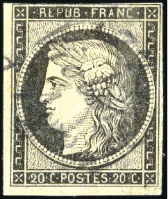 Stamp of France 1849 20c noir obl. cursive "77 Vielmur sur Agout",