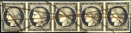 Stamp of France 1849 20c noir en bande de cinq obl. plume seule, T
