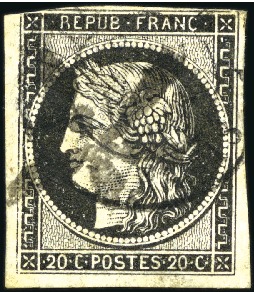 Stamp of France 1849 20c noir obl. rosette à 5 branches du bureau 