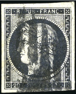 Stamp of France 1849 20c noir obl. cercle de 10 barres de Lille, T