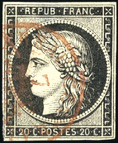 Stamp of France 1849 20c noir obl. càd T15 en ROUGE du 7 janvier 4