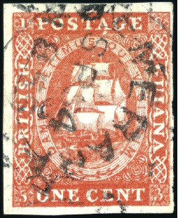 Stamp of British Guiana 1853-59 Waterlow lithographed 1c vermilion, origin