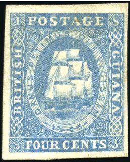 Stamp of British Guiana 1853-59 Waterlow lithographed 4c blue with fine to