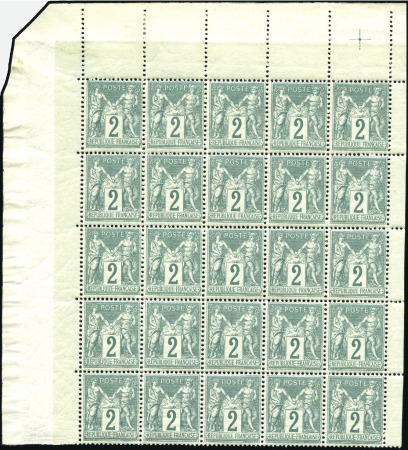 Stamp of France 1876 Sage N sous U, 2c vert en panneau de 25 avec 