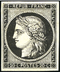 Stamp of France 1849 20c noir impression recto-verso, neuf, TB, si