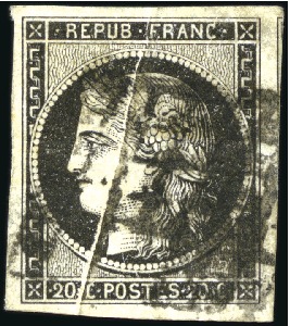 Stamp of France 1849 20c noir, deux variétés "pli accordéon" bien 