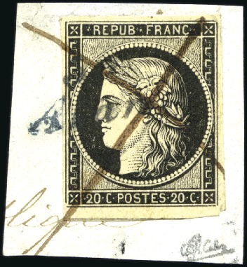 Stamp of France 1849 20c noir obl. cursive en bleu 30 ALAN et plum