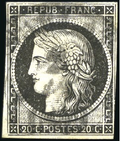 Stamp of France 1849 20c noir obl. moyen cachet à date T14 du 2 ja
