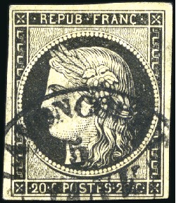 1849 20c noir obl. moyen cachet à date T14 de Lava