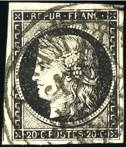 1849 20c noir obl. deux fois par le grand cachet à