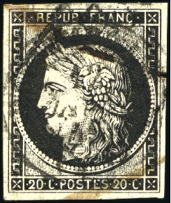 Stamp of France 1849 20c noir obl. grille et càd T15 du 12 janvier