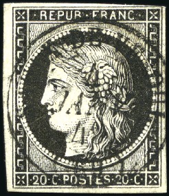 Stamp of France 1849 20c noir, trois timbres obl. T15 : Saulx de V