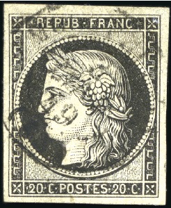 Stamp of France 1849 20c noir obl. T15 de Montpellier 3 janvier 49