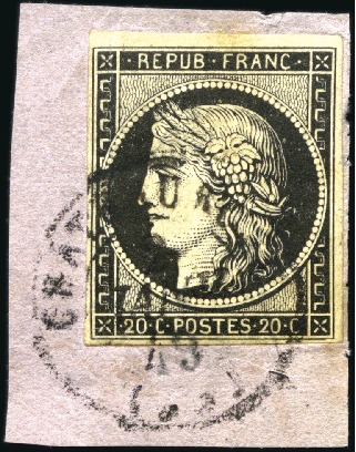 Stamp of France 1849 20c noir obl. T15 Chateauroux 2 janvier 49, T
