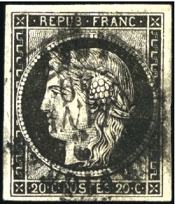 Stamp of France 1849 20c noir obl. T15 de Perpignan 3 janvier 49, 