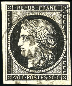 Stamp of France 1849 20c noir, 4 timbres obl. T15 seul : du 2 janv