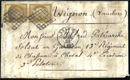 1849 10c bistre-jaune en paire TETE-BECHE sur lett