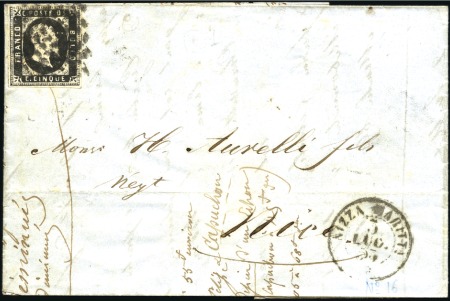 Stamp of France » Nice 1853 5c noir, 1ère ém., quatre belles marges, obl.