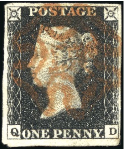 1840 1d Black pl.6 QD with fine to very large marg