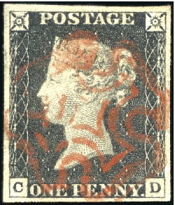 1840 1d Black pl.2 CD with good even margins, cris